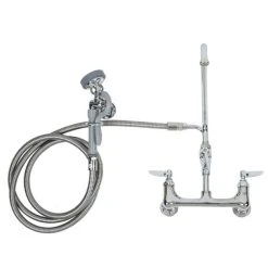 T&S Brass And Bronze Works T&S B-0175 Wall Mounted Pre-Rinse Faucet With Adjustable 8" Centers, Angled Spray Valve, 104" Hose, 12" Add-On Faucet, 90 Degree Swivel Adapter, And Wall Hook -T&S Brass Shop 1021611