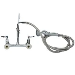 T&S Brass And Bronze Works T&S B-0175 Wall Mounted Pre-Rinse Faucet With Adjustable 8" Centers, Angled Spray Valve, 104" Hose, 12" Add-On Faucet, 90 Degree Swivel Adapter, And Wall Hook -T&S Brass Shop 1021615