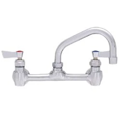 Fisher 61220 Backsplash Mounted Stainless Steel Faucet With 8" Centers, 6" Swing Nozzle, 2.2 GPM Aerator, And Lever Handles