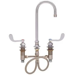 Fisher 59455 Deck Mounted Stainless Steel Faucet With Widespread Deck, 3 1/2" Swivel Gooseneck Nozzle, 2.2 GPM Aerator, And Wrist Handles