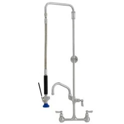 Fisher 37044 Backsplash Mounted Stainless Steel Pre-Rinse Faucet With 8" Centers, Swivel Arm, 15" Hose, 16" Add-On Faucet, And Wall Bracket
