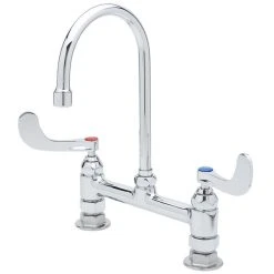 T&S Brass And Bronze Works T&S B-0322-04 Deck Mounted Surgical Sink Faucet With 8" Adjustable Centers, 5 1/2" Rigid Gooseneck Spout, And 4" Wrist Action Handles