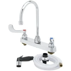 T&S Brass And Bronze Works T&S B-1172-07-WH4 Deck Mount Workboard Faucet With 8" Centers, 5 3/4" Gooseneck Spout, 4" Wrist Action Handles, And Sidespray