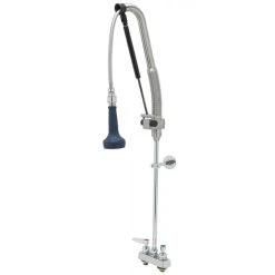 T&S Brass And Bronze Works T&S B-5110-CR-B8P 40 13/16" High Deck Mounted DuraPull Pre-Rinse Faucet 4" Workboard Centers, 30" Hose, 1.07 GPM Spray Valve, And Wall Bracket