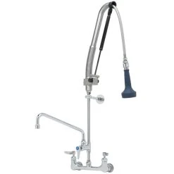 T&S Brass And Bronze Works T&S B-0133-12-CRB8P 38 7/16" High Wall Mounted DuraPull Pre-Rinse Faucet 8" Adjustable Centers, 30" Hose, 1.07 GPM Spray Valve, 12" Add-On Faucet, And Wall Bracket