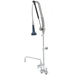 T&S Brass And Bronze Works T&S B-5110-12CRB8TP 47 3/16" High Deck Mounted DuraPull Pre-Rinse Faucet 4" Workboard Centers, 30" Hose, 1.07 GPM Spray Valve, 12" Add-On Faucet, Accessory Tee, And Wall Bracket