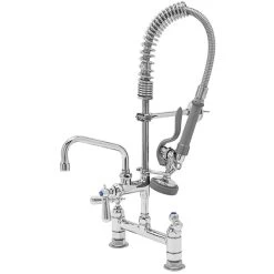 T&S Brass And Bronze Works T&S MPZ-8DCN-06 EasyInstall Deck Mounted 24 9/16" High Mini Pre-Rinse Faucet With Adjustable 8" Centers, Club Handles, 24" Hose, 6" Add-On Faucet, And 6" Wall Bracket