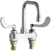 Chicago Faucet Company Chicago Faucets 526-E3-317ABCP Deck-Mounted Faucet With 4" Fixed Centers, 6 1/4" Rigid / Swing Double-Bend Spout, And 4" Wristblade Handles -T&S Brass Shop 2434001