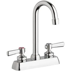 Chicago Faucet Company Chicago Faucets W4D-GN1AE35-369AB Deck-Mounted Faucet With 4" Fixed Centers, 3 1/2" Rigid / Swing Gooseneck Spout, And 2 3/8" Lever Handles