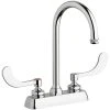 Chicago Faucet Company Chicago Faucets W4D-GN2AE1-317ABCP Deck-Mounted Faucet With 4" Fixed Centers, 5 1/4" Rigid / Swing Gooseneck Spout, And 4" Wristblade Handles -T&S Brass Shop 2454939