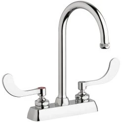 Chicago Faucet Company Chicago Faucets W4D-GN2AE1-317ABCP Deck-Mounted Faucet With 4" Fixed Centers, 5 1/4" Rigid / Swing Gooseneck Spout, And 4" Wristblade Handles