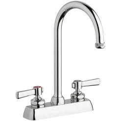 Chicago Faucet Company Chicago Faucets W4D-GN2AE1-369ABCP Deck-Mounted Faucet With 4" Fixed Centers, 5 1/4" Rigid / Swing Gooseneck Spout, And 2 3/8" Lever Handles