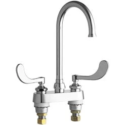 Chicago Faucet Company Chicago Faucets 895-317GN2FCXKABCP Deck-Mounted Faucet With 4" Centers, 5 1/4" Rigid / Swing Gooseneck Spout, And Ceramic Operating Cartridges