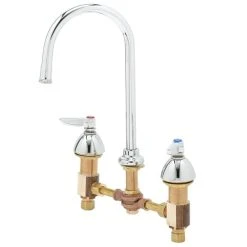T&S Brass And Bronze Works T&S B-0850-PV Deck Mount Mixing Faucet With 8" Centers, 5 1/2" Gooseneck, Escutcheons, And Pedal Valve Connection