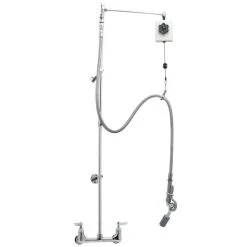 T&S Brass And Bronze Works T&S B-0140 Wall Mounted 51 3/4" High Pre-Rinse Faucet With Adjustable 8" Centers, Angled Low Flow Spray Valve, Balancer, 68" Hose, 12" Add-On Faucet, Vacuum Breaker, And 6" Wall Bracket