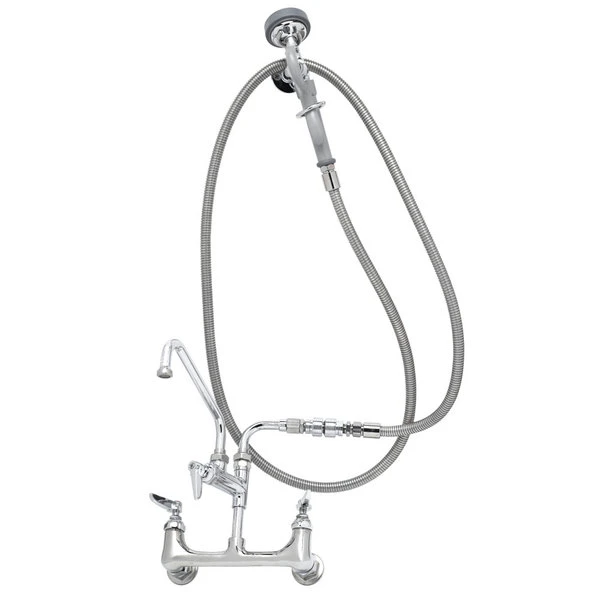 T&S Brass And Bronze Works T&S B-0175-02 Wall Mounted Pre-Rinse Faucet With Adjustable 8" Centers, Angled Spray Valve, 96" Hose, 8" Add-On Faucet, 90 Degree Swivel Adapter, Vacuum Breaker, And Wall Hook 3 T&S Brass And Bronze Works T&S B-0175-02 Wall Mounted Pre-Rinse Faucet With Adjustable 8" Centers, Angled Spray Valve, 96" Hose, 8" Add-On Faucet, 90 Degree Swivel Adapter, Vacuum Breaker, And Wall Hook