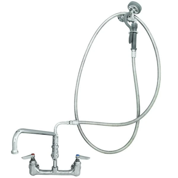 T&S Brass And Bronze Works T&S B-0175-06 Wall Mounted Pre-Rinse Faucet With Adjustable 8" Centers, Angled Spray Valve, 68" Hose, 8" Add-On Faucet, 90 Degree Swivel Adapter, And Wall Hook 3 T&S Brass And Bronze Works T&S B-0175-06 Wall Mounted Pre-Rinse Faucet With Adjustable 8" Centers, Angled Spray Valve, 68" Hose, 8" Add-On Faucet, 90 Degree Swivel Adapter, And Wall Hook