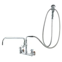 T&S Brass And Bronze Works T&S B-0289 Wall Mounted Pre-Rinse Faucet With Adjustable 8" Centers, Angled Spray Valve, 4-Arm Handles, 104" Hose, 18" Add-On Faucet, 90 Degree Swivel Adapter, And Installation Kit