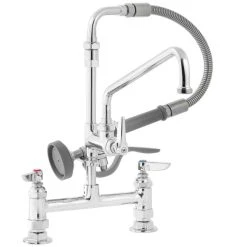T&S Brass And Bronze Works T&S B-0175-04 Deck Mounted Pre-Rinse Faucet With Adjustable 8" Centers, Angled Spray Valve, 104" Hose, 12" Add-On Faucet, 90 Degree Swivel Adapter, And Wall Hook