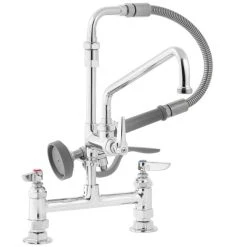 T&S Brass And Bronze Works T&S B-0175-05 Deck Mounted Pre-Rinse Faucet With Adjustable 8" Centers, Angled Spray Valve, 68" Hose, 8" Add-On Faucet, 90 Degree Swivel Adapter, And Wall Hook