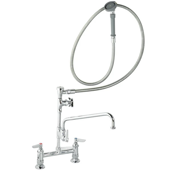 T&S Brass And Bronze Works T&S B-0177 Deck Mounted Pre-Rinse Faucet With Adjustable 8" Centers, Angled Spray Head, 80" Hose, 12" Add-On Faucet, Vacuum Breaker, And Wall Hook 3 T&S Brass And Bronze Works T&S B-0177 Deck Mounted Pre-Rinse Faucet With Adjustable 8" Centers, Angled Spray Head, 80" Hose, 12" Add-On Faucet, Vacuum Breaker, And Wall Hook