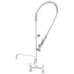 T&S Brass And Bronze Works T&S B-0123-ADF12-BJ EasyInstall Deck Mounted 46" High Pre-Rinse Faucet With Adjustable 8" Centers, Low Flow Spray Valve, 44" Hose, 12" Add-On Faucet, And 6" Wall Bracket