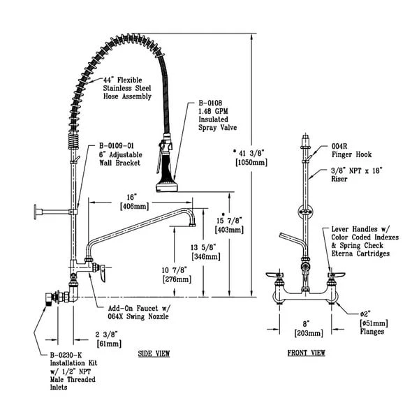 T&S Brass And Bronze Works T&S B-0133-16-B08EL EasyInstall Wall Mounted 41 1/2" High Pre-Rinse Faucet With Adjustable 8" Centers, Ergonomic Spray Valve, 44" Hose, 16" Add-On Faucet, Installation Kit, And 6" Wall Bracket 4 T&S Brass And Bronze Works T&S B-0133-16-B08EL EasyInstall Wall Mounted 41 1/2" High Pre-Rinse Faucet With Adjustable 8" Centers, Ergonomic Spray Valve, 44" Hose, 16" Add-On Faucet, Installation Kit, And 6" Wall Bracket - Image 2