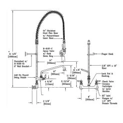 T&S Brass And Bronze Works T&S B-0133-12-CR-BC EasyInstall Wall Mounted 41 1/2" High Pre-Rinse Faucet With Adjustable 8" Centers, Low Flow Spray Valve, 44" Hose, 12" Add-On Faucet, And 6" Wall Bracket -T&S Brass Shop 58102