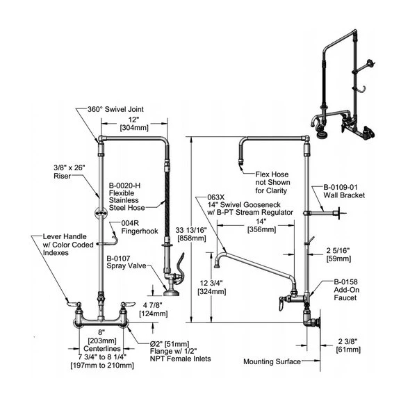 T&S Brass And Bronze Works T&S B-0131-ADF14-B Wall Mounted 33 7/16" High Pre-Rinse Faucet With Adjustable 8" Centers, Low Flow Spray Valve, Swivel Arm, 20" Hose, 14" Add-On Faucet, And 6" Wall Bracket 4 T&S Brass And Bronze Works T&S B-0131-ADF14-B Wall Mounted 33 7/16" High Pre-Rinse Faucet With Adjustable 8" Centers, Low Flow Spray Valve, Swivel Arm, 20" Hose, 14" Add-On Faucet, And 6" Wall Bracket - Image 2