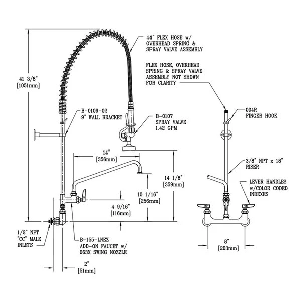 T&S Brass And Bronze Works T&S B-0133-01-44H EasyInstall Wall Mounted 37 1/2" High Pre-Rinse Faucet With Adjustable 8" Centers, 44" Hose, 14" Add-On Faucet, And 9" Wall Bracket 4 T&S Brass And Bronze Works T&S B-0133-01-44H EasyInstall Wall Mounted 37 1/2" High Pre-Rinse Faucet With Adjustable 8" Centers, 44" Hose, 14" Add-On Faucet, And 9" Wall Bracket - Image 2