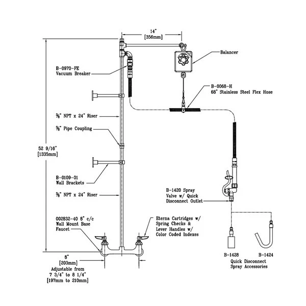 T&S Brass And Bronze Works T&S B-0130 Wall Mounted 53" High Pre-Rinse Faucet With Adjustable 8" Centers, Quick Connect Spray Valve, Balancer, 68" Hose, Vacuum Breaker, And 6" Wall Bracket 4 T&S Brass And Bronze Works T&S B-0130 Wall Mounted 53" High Pre-Rinse Faucet With Adjustable 8" Centers, Quick Connect Spray Valve, Balancer, 68" Hose, Vacuum Breaker, And 6" Wall Bracket - Image 2