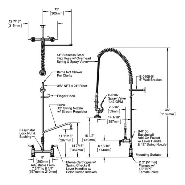 T&S Brass And Bronze Works T&S B-0123-ADF12-B EasyInstall Deck Mounted 49 1/4" High Pre-Rinse Faucet With Adjustable 8" Centers, 44" Hose, 12" Add-On Faucet, And Wall Bracket 4 T&S Brass And Bronze Works T&S B-0123-ADF12-B EasyInstall Deck Mounted 49 1/4" High Pre-Rinse Faucet With Adjustable 8" Centers, 44" Hose, 12" Add-On Faucet, And Wall Bracket - Image 2