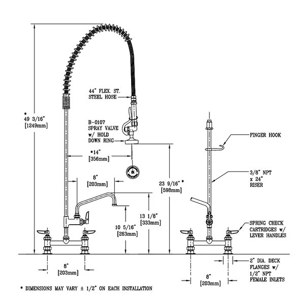 T&S Brass And Bronze Works T&S B-0123-ADF08 EasyInstall Deck Mounted 49 1/4" High Pre-Rinse Faucet With Adjustable 8" Centers, 44" Hose, And 8" Add-On Faucet 4 T&S Brass And Bronze Works T&S B-0123-ADF08 EasyInstall Deck Mounted 49 1/4" High Pre-Rinse Faucet With Adjustable 8" Centers, 44" Hose, And 8" Add-On Faucet - Image 2