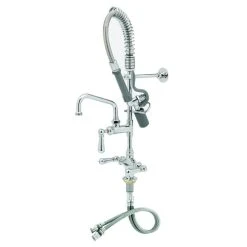 T&S Brass And Bronze Works T&S MPW-2DCN-06 EasyInstall Deck Mounted 24 3/4" High Mini Pre-Rinse Faucet With Flex Inlets, Angled Low Flow Spray Valve, Club Handles, 24" Hose, 6" Add-On Faucet, And 6" Wall Bracket