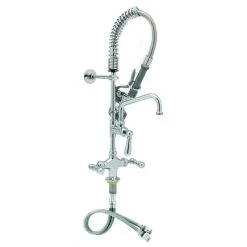 T&S Brass And Bronze Works T&S MPX-2DCN-08-CR EasyInstall Deck Mounted 24 13/16" High Mini Pre-Rinse Faucet With Flex Inlets, Angled Spray Valve, Club Handles, 24" Hose, 8" Add-On Faucet, And 6" Wall Bracket