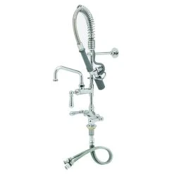 T&S Brass And Bronze Works T&S MPY-2DCN-08-CR EasyInstall Deck Mounted 22 1/2" High Mini Pre-Rinse Faucet With Flex Inlets, Low Flow Spray Valve, Club Handles, 24" Hose, 8" Add-On Faucet, And 6" Wall Bracket