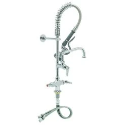 T&S Brass And Bronze Works T&S MPZ-2DWN-08 EasyInstall Deck Mounted 24 13/16" High Mini Pre-Rinse Faucet With Flex Inlets, 4" Wrist Action Handles, 24" Hose, 8" Add-On Faucet, And 6" Wall Bracket