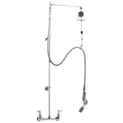 T&S Brass And Bronze Works T&S B-0128 Deck Mounted 55" High Pre-Rinse Faucet With Adjustable 8" Centers, Angled Low Flow Spray Valve, Balancer, 68" Hose, And 6" Wall Bracket