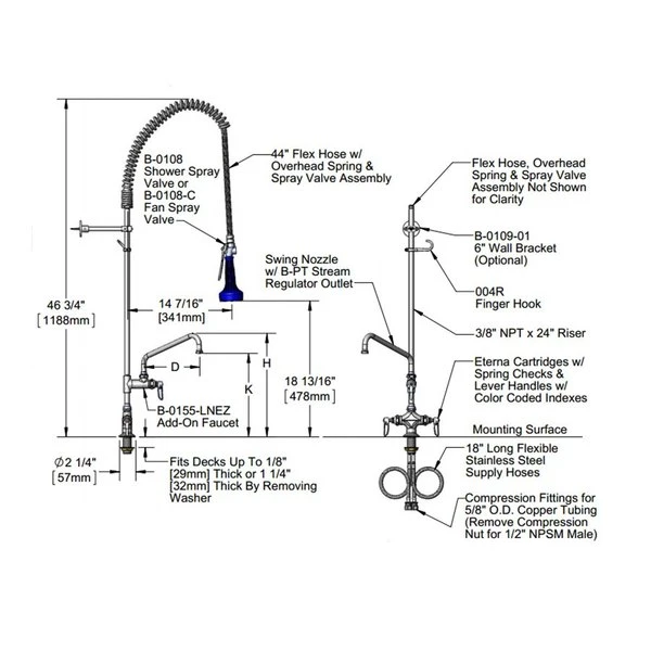 T&S Brass And Bronze Works T&S B-0113-A08-B08 EasyInstall Deck Mounted 46 1/4" High Pre-Rinse Faucet With Flex Inlets, Ergonomic Spray Valve, 44" Hose, 8" Add-On Faucet, And 6" Wall Bracket 4 T&S Brass And Bronze Works T&S B-0113-A08-B08 EasyInstall Deck Mounted 46 1/4" High Pre-Rinse Faucet With Flex Inlets, Ergonomic Spray Valve, 44" Hose, 8" Add-On Faucet, And 6" Wall Bracket - Image 2