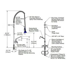 T&S Brass And Bronze Works T&S B-0113-A08-B08C EasyInstall Deck Mounted 46 1/4" High Pre-Rinse Faucet With Flex Inlets, Ergonomic Low Flow Spray Valve, 44" Hose, 8" Add-On Faucet, And 6" Wall Bracket -T&S Brass Shop 62355