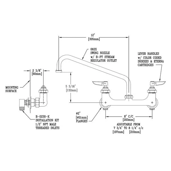 T&S Brass And Bronze Works T&S B-0231-02 Wall Mounted Pantry Faucet With 8" Adjustable Centers, 12" Swing Nozzle, Eterna Cartridges, And Installation Kit 4 T&S Brass And Bronze Works T&S B-0231-02 Wall Mounted Pantry Faucet With 8" Adjustable Centers, 12" Swing Nozzle, Eterna Cartridges, And Installation Kit - Image 2
