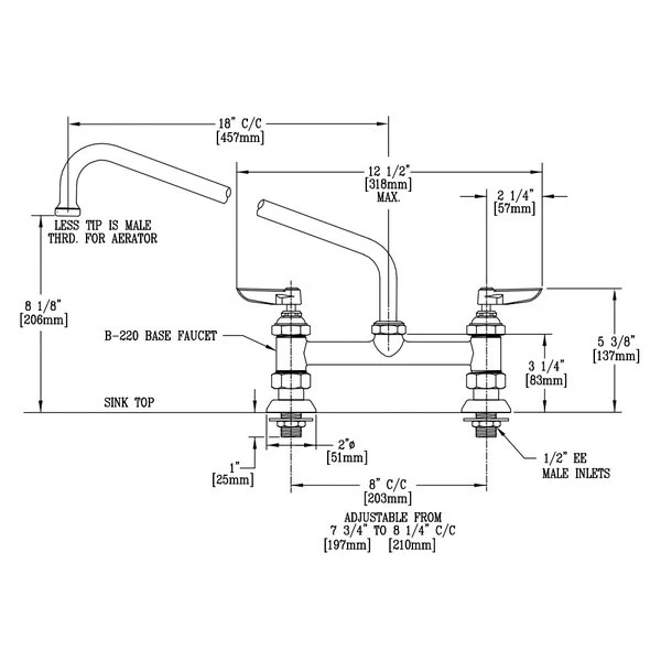 T&S Brass And Bronze Works T&S B-0220-EE Deck Mounted Faucet With 18" Swing Nozzle, 8" Adjustable Centers, 18.39 GPM Stream Regulator Outlet, Eterna Cartridges, And Lever Handles 4 T&S Brass And Bronze Works T&S B-0220-EE Deck Mounted Faucet With 18" Swing Nozzle, 8" Adjustable Centers, 18.39 GPM Stream Regulator Outlet, Eterna Cartridges, And Lever Handles - Image 2