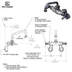 T&S Brass And Bronze Works T&S B-0238 Wall Mounted Pantry Faucet With Adjustable Centers, 6" Swing Nozzle With Garden Hose Outlet, And Eterna Cartridges -T&S Brass Shop 63287