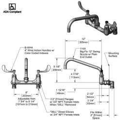 T&S Brass And Bronze Works T&S B-0290-04 Wall Mount Kettle And Pot Sink Mixing Faucet With 8" Adjustable Centers, 12" Big Flo Swing Nozzle, And 00LL Street Elbows -T&S Brass Shop 63329