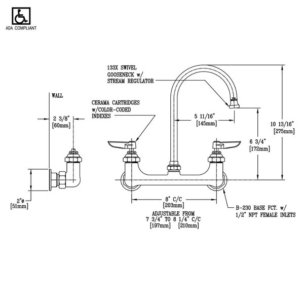 T&S Brass And Bronze Works T&S B-0331-CR Wall Mounted Faucet With 8" Adjustable Centers, 5 11/16" Swivel Gooseneck, And Cerama Cartridges 4 T&S Brass And Bronze Works T&S B-0331-CR Wall Mounted Faucet With 8" Adjustable Centers, 5 11/16" Swivel Gooseneck, And Cerama Cartridges - Image 2