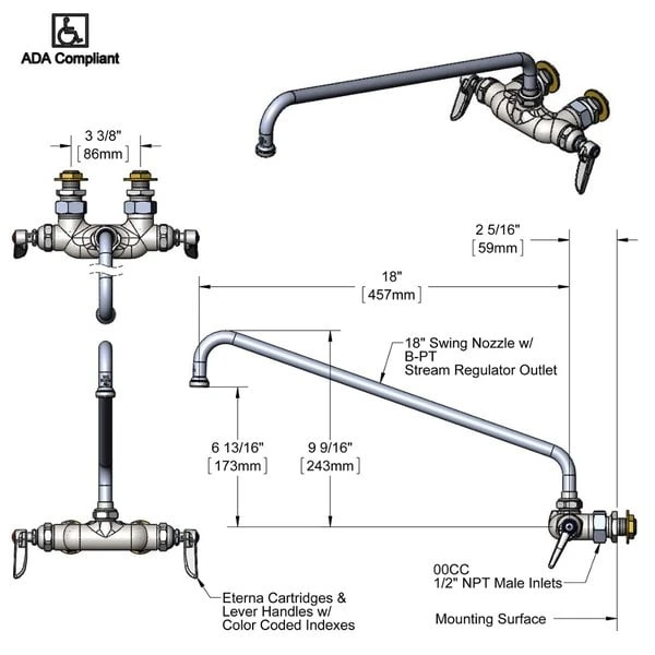 T&S Brass And Bronze Works T&S B-0235-CC Wall Mounted Pantry Faucet With 3 3/8" Centers, 18" Swing Nozzle, Eterna Cartridges, And CC Connections 4 T&S Brass And Bronze Works T&S B-0235-CC Wall Mounted Pantry Faucet With 3 3/8" Centers, 18" Swing Nozzle, Eterna Cartridges, And CC Connections - Image 2