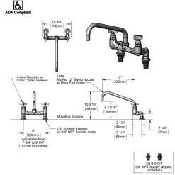 T&S Brass And Bronze Works T&S B-0293-01 Wall Mount Kettle And Pot Sink Mixing Faucet With 8" Adjustable Centers, 12" Big Flo Swing Nozzle, 4 Arm Handles, And Supply Nipples -T&S Brass Shop 63356