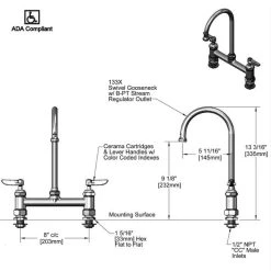 T&S Brass And Bronze Works T&S B-0321-CC Deck Mounted Faucet With 8" Centers, 5 11/16" Gooseneck Nozzle, 18.39 GPM Stream Regulator Outlet, Eterna Cartridges, And Lever Handles -T&S Brass Shop 63357