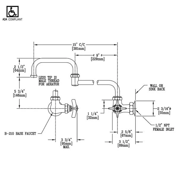 T&S Brass And Bronze Works T&S B-0261 Wall Mount Single Sink Faucet With Single Supply, 15" Double Joint Nozzle, And 4 Arm Handle 4 T&S Brass And Bronze Works T&S B-0261 Wall Mount Single Sink Faucet With Single Supply, 15" Double Joint Nozzle, And 4 Arm Handle - Image 2