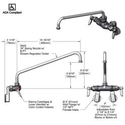 T&S Brass And Bronze Works T&S B-0239 Wall Mounted Pantry Faucet With Adjustable Centers, 16" Swing Nozzle, And Eterna Cartridges -T&S Brass Shop 64089